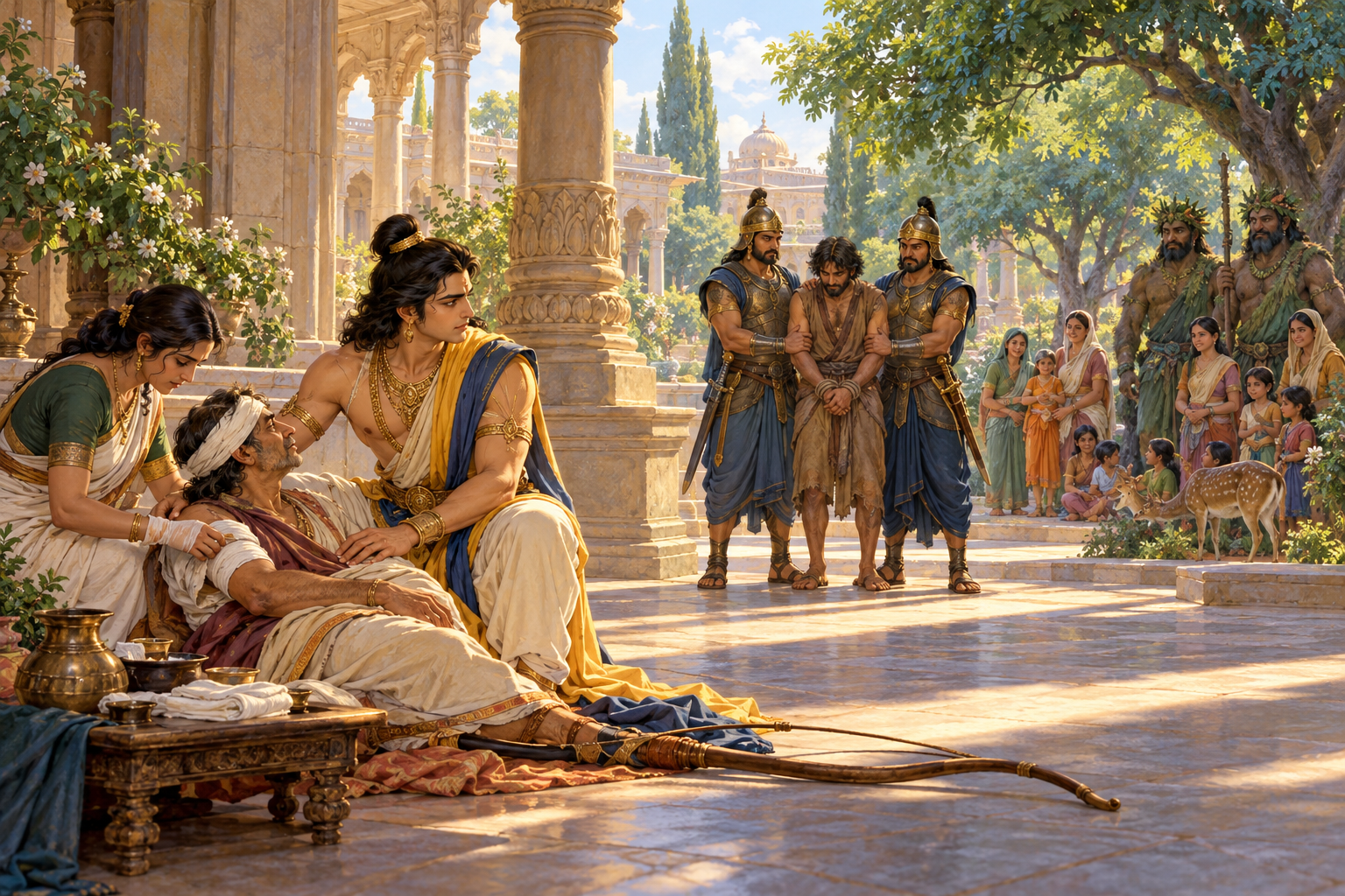 A ruler tends an injured relative with a healer while guards restrain one disarmed offender and nearby families remain unharmed beneath trees.