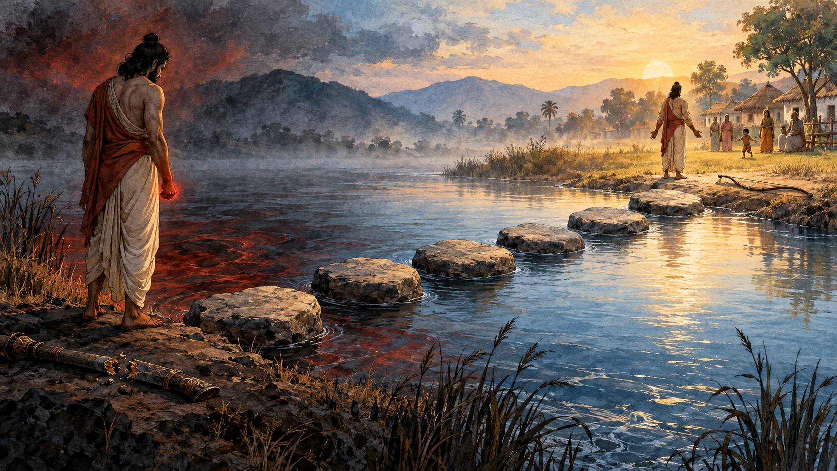 A grieving figure faces six stepping stones crossing dark water from red reflections toward a peaceful village lit by dawn.