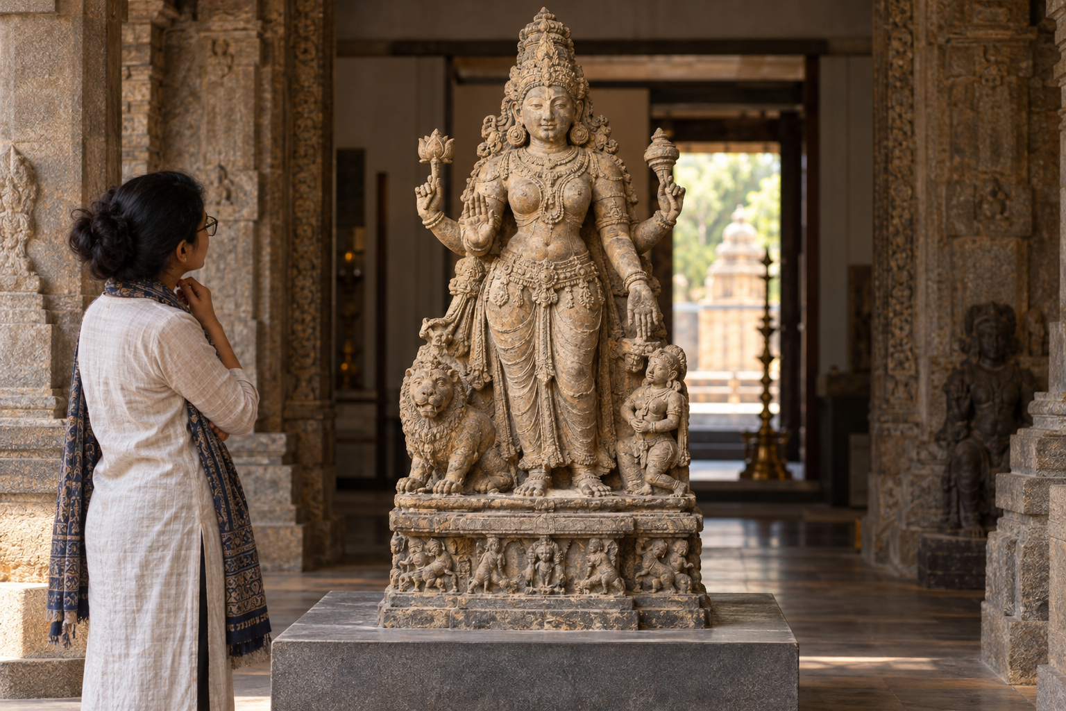 A scholar examines a weathered stone goddess sculpture whose crown, gestures, attributes, subsidiary figures, and pedestal are fully visible.