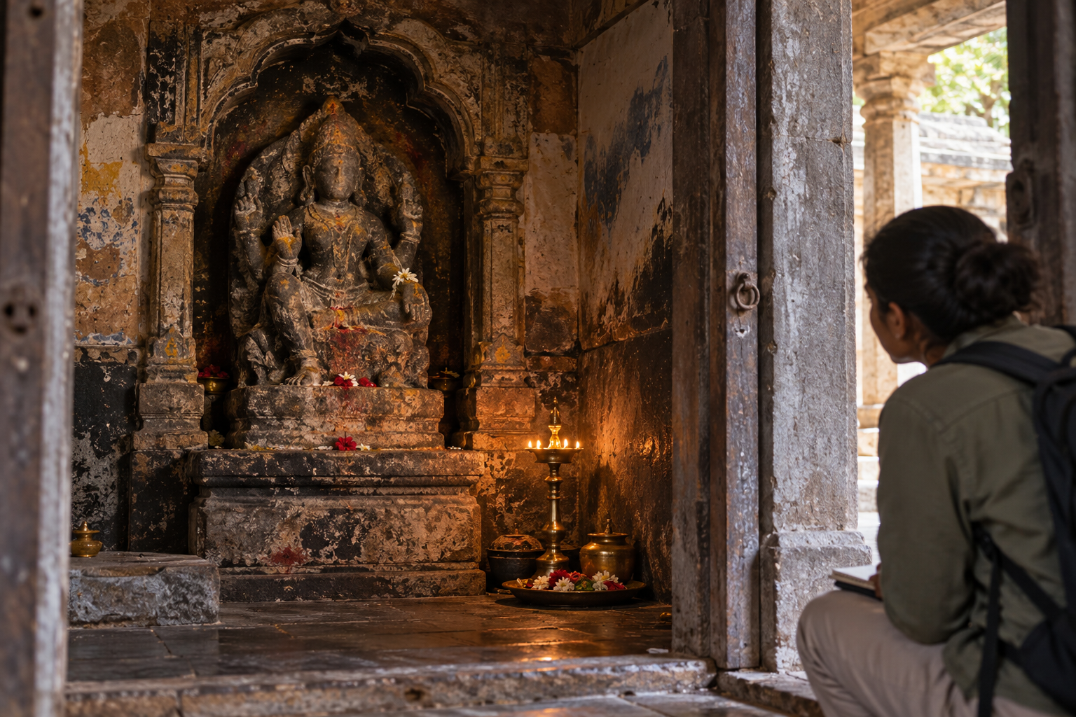 A conservator observes a weathered goddess sculpture in a small historic shrine with its niche, pedestal, lamp, and ritual setting visible.