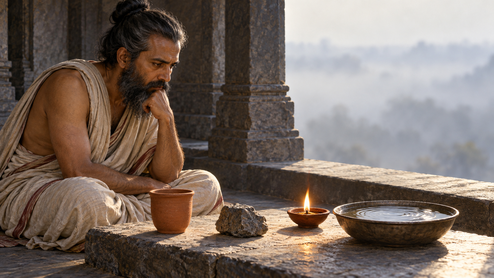 A seated philosopher examines a cup, stone, flame, and bowl of water while the distant landscape fades into haze.