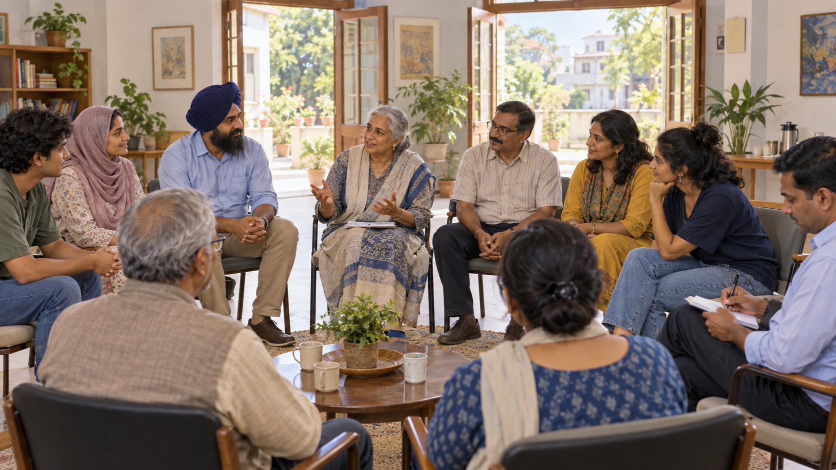 A diverse group of Indian residents meets in an open circle with a public-safety professional listening respectfully at the side.