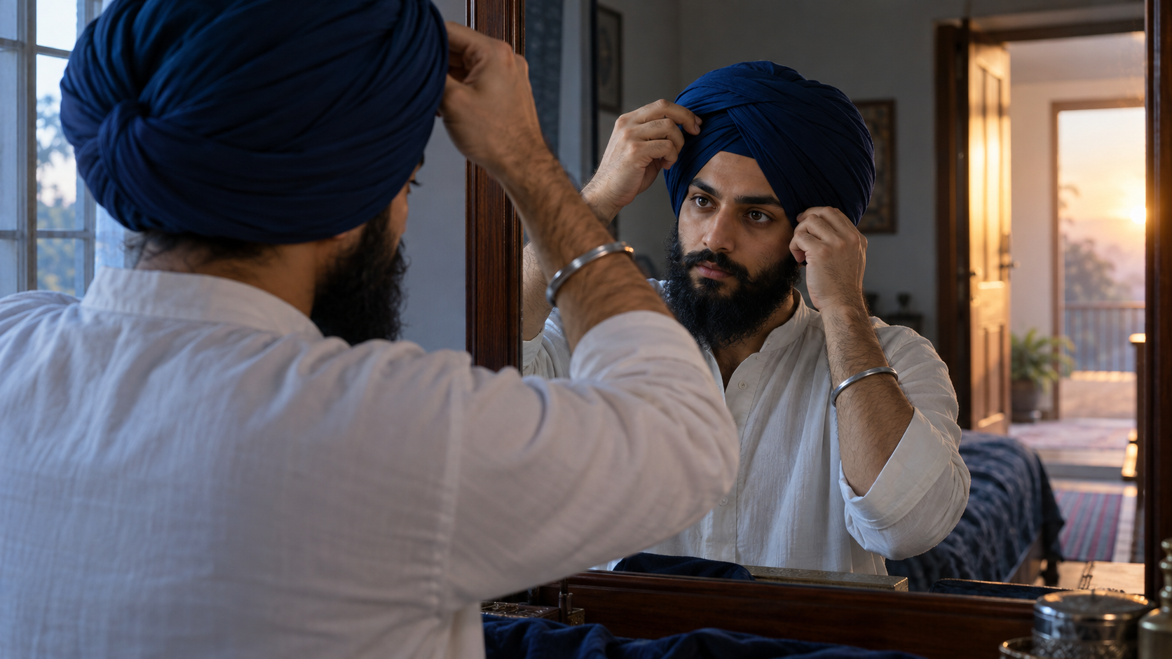 A Sikh adult thoughtfully tying a blue turban before a mirror at dawn, with a steel kara visible on the wrist.