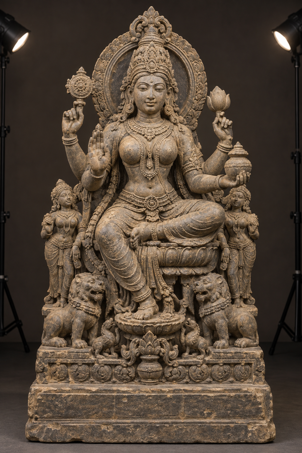 A full-length stone goddess sculpture is evenly lit so its crown, hands, ornaments, posture, attendants, and carved base can be inspected together.