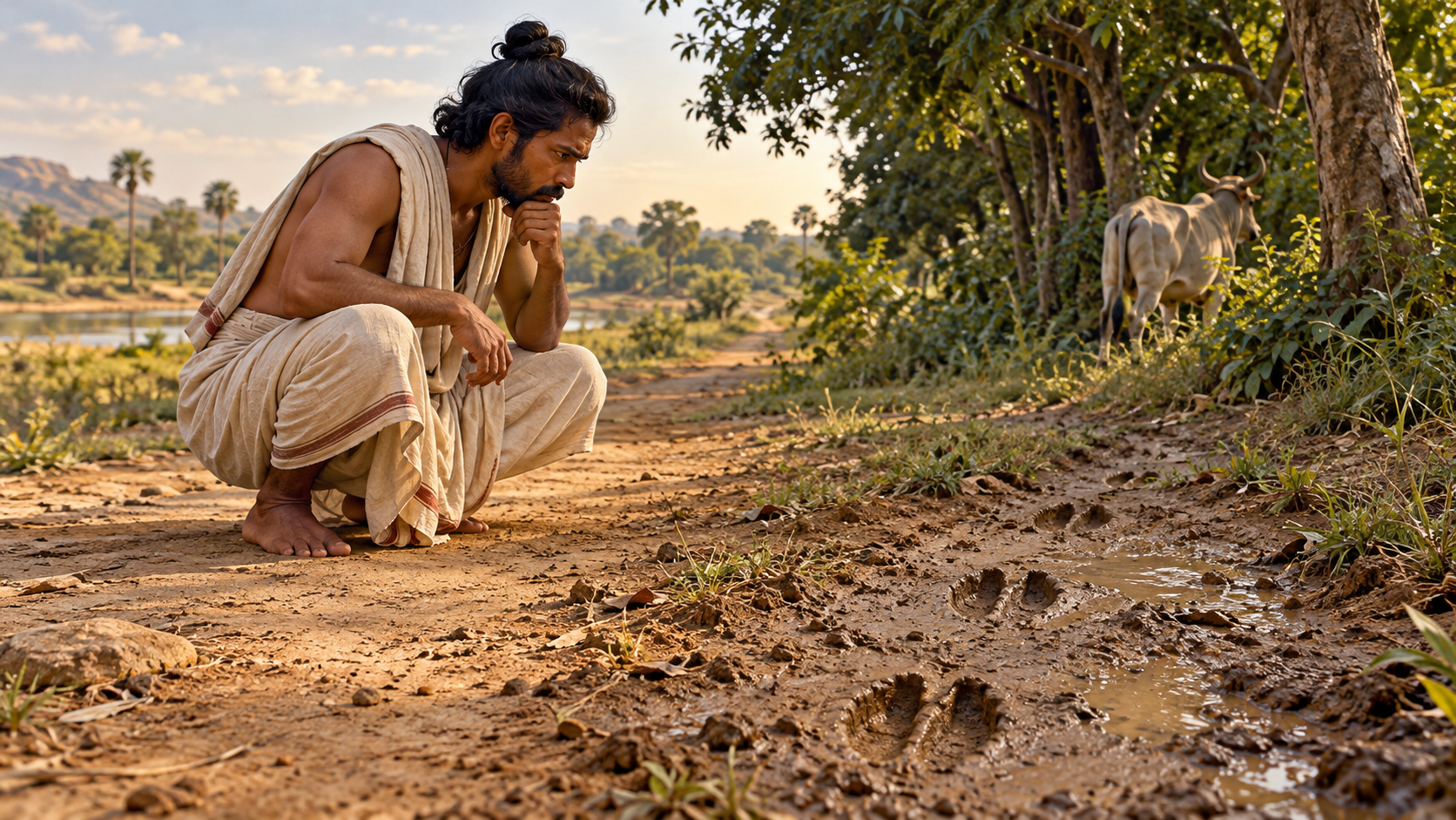 An ancient Indian thinker studies fresh animal tracks on a path as the animal appears near a grove in the distance.