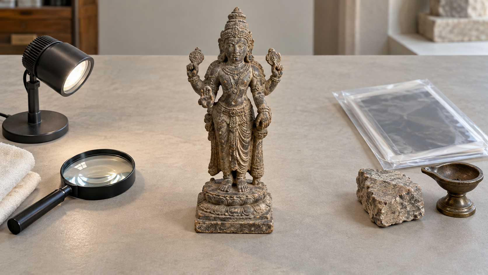 A small stone goddess sculpture stands between inspection tools and contextual objects arranged in three separate groups on a conservation table.