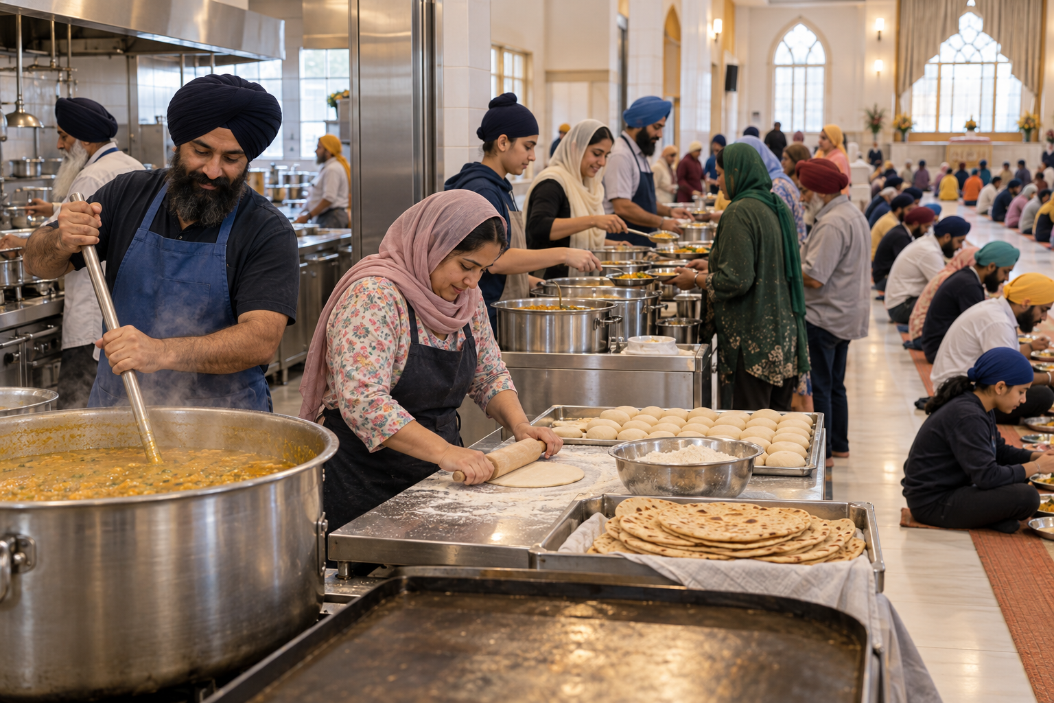 Volunteers preparing and serving langar while people of different ages and backgrounds sit together for a communal meal.