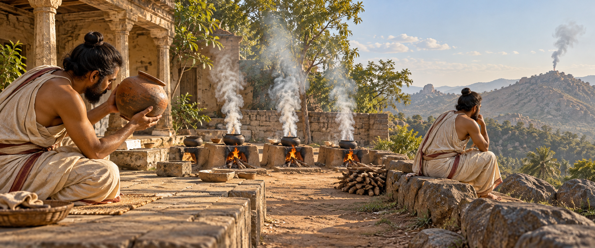A scholar observes a clay vessel, repeated hearth fires with smoke, and an uncertain plume rising behind a distant ridge.