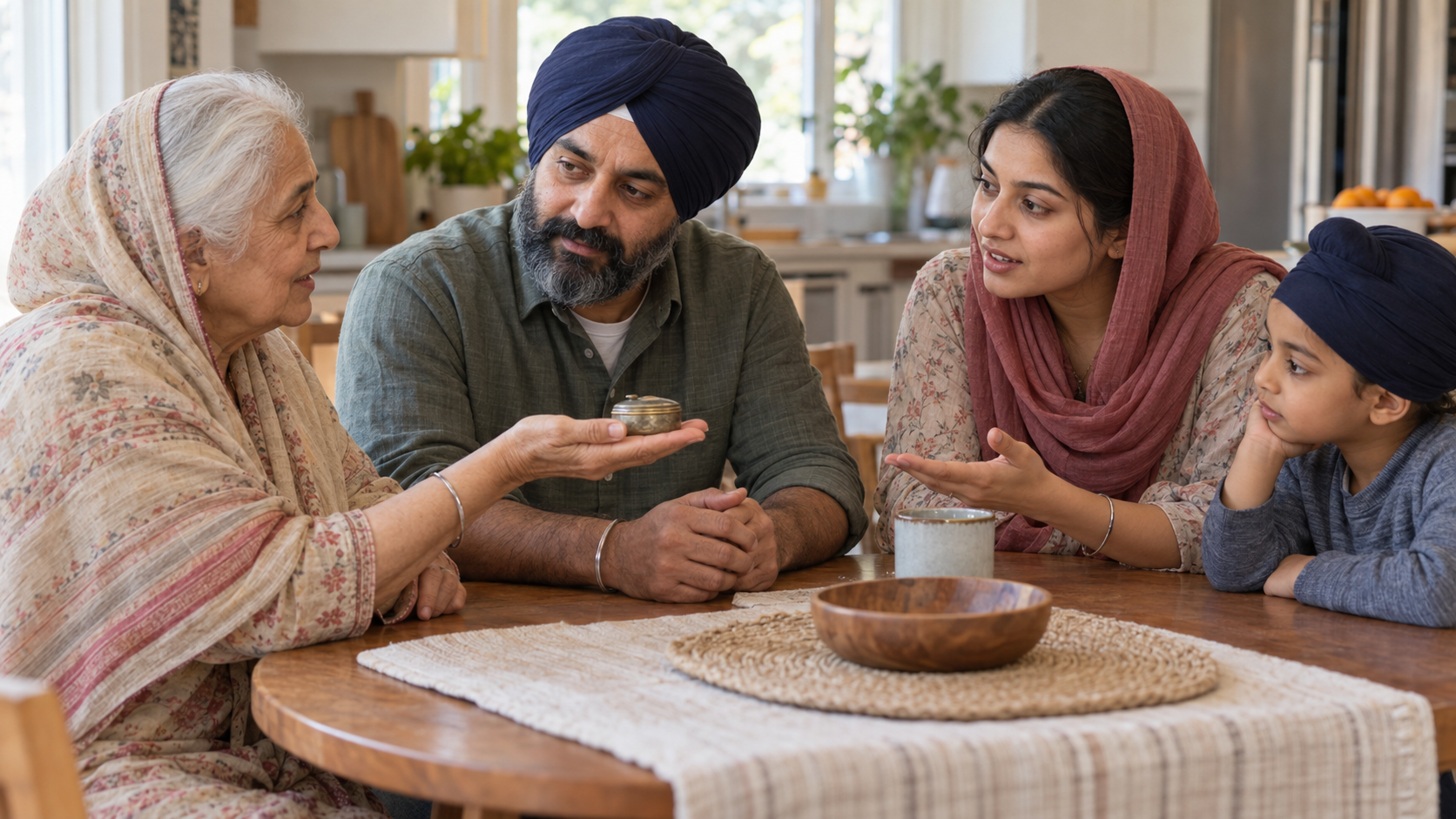 Three generations of a Sikh family discussing an inherited household practice calmly around a kitchen table while a child listens.