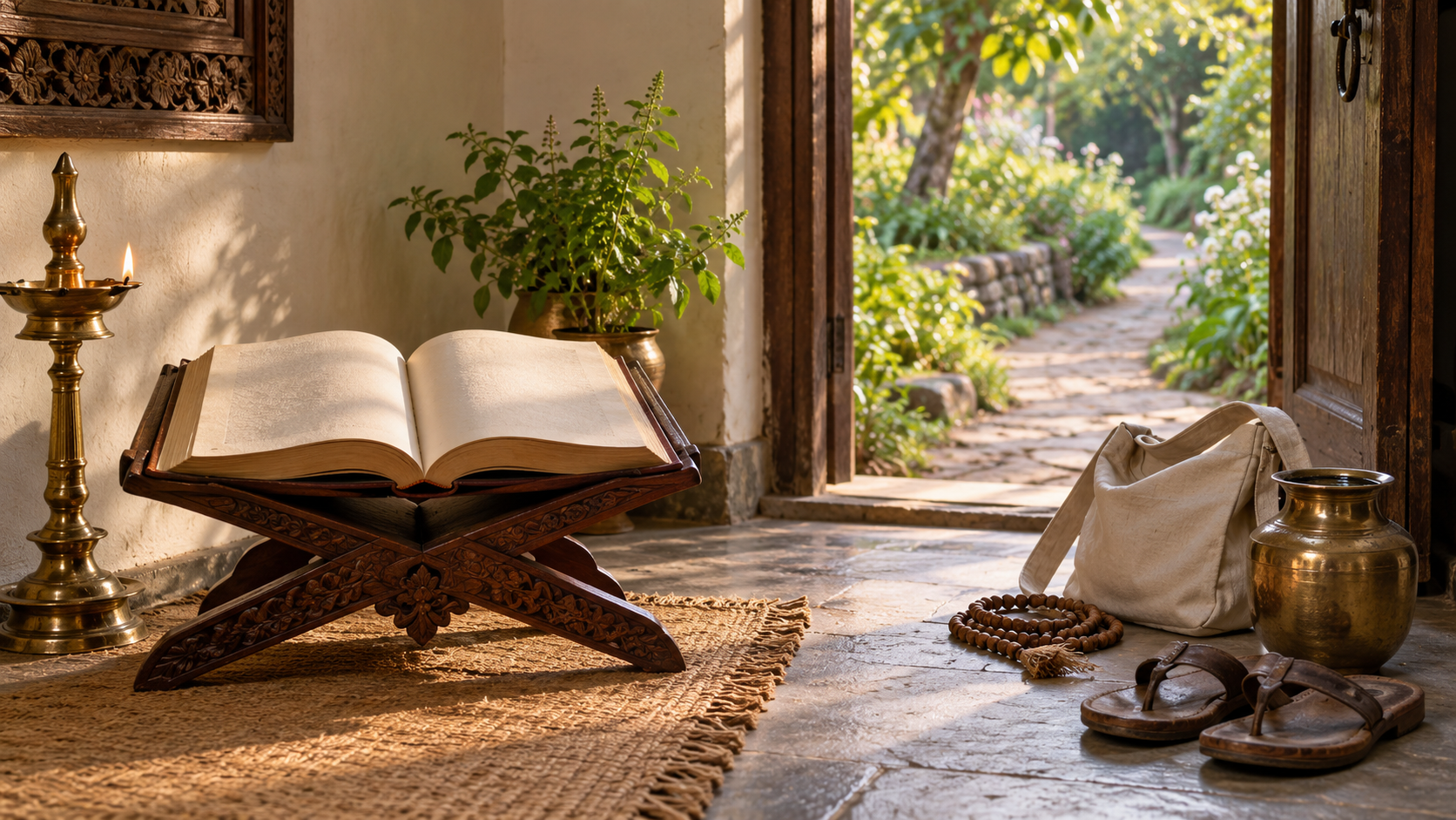 An open sacred book and oil lamp sit beside prayer beads, a cloth bag, a water vessel, and sandals near a doorway opening onto a garden path.