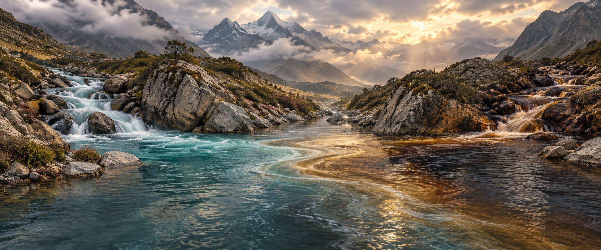 Two differently colored mountain streams curve around rocks and meet as visible interlacing currents in a calm pool.