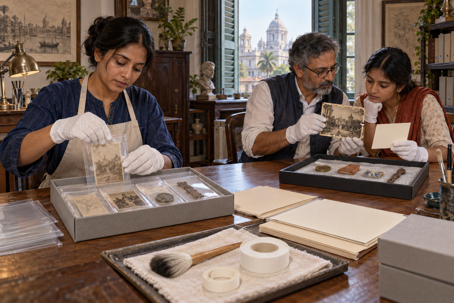 An archivist preserves evidence in transparent sleeves while a teacher and student examine a damaged photograph and archival objects.