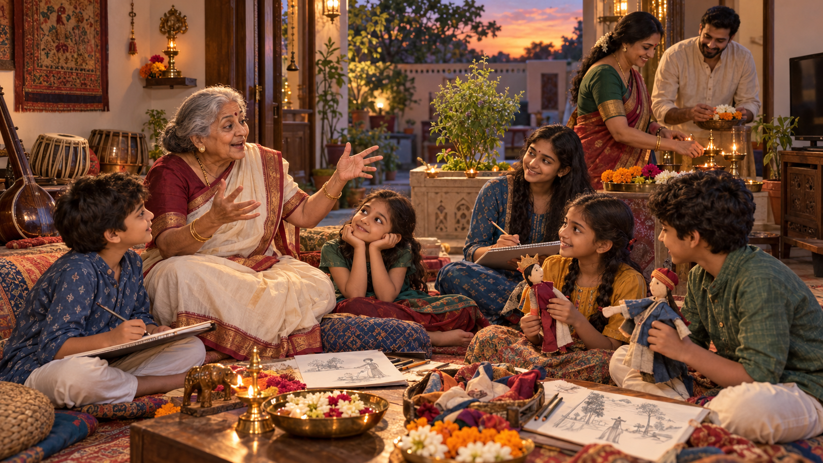 A grandmother tells a story as children draw and play with handmade figures while an unplugged television sits in the background.