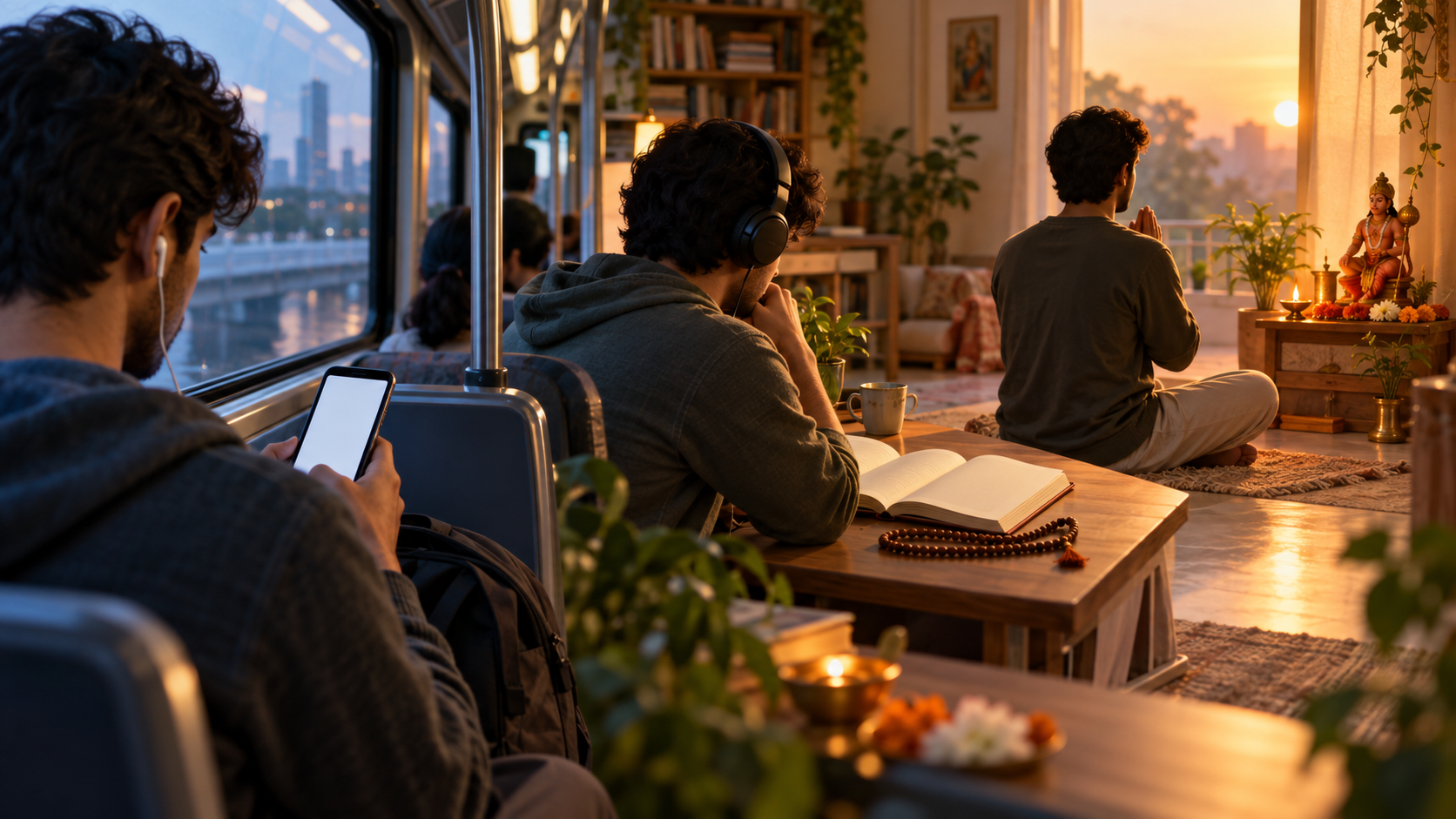A person moves from discovering devotional audio on a phone to learning at home and praying before a small shrine.