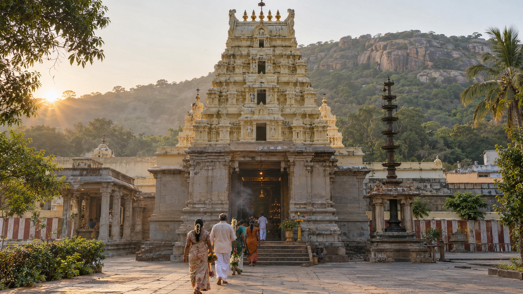 Devotees approach the traditional entrance of Champakadhama Temple in Bannerghatta in warm early-morning light.