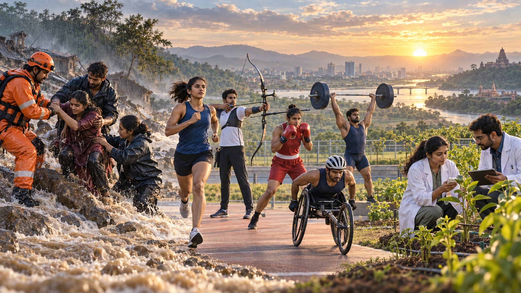 Indian citizens contribute through rescue work, athletic training, and plant research in a unified sunrise scene.