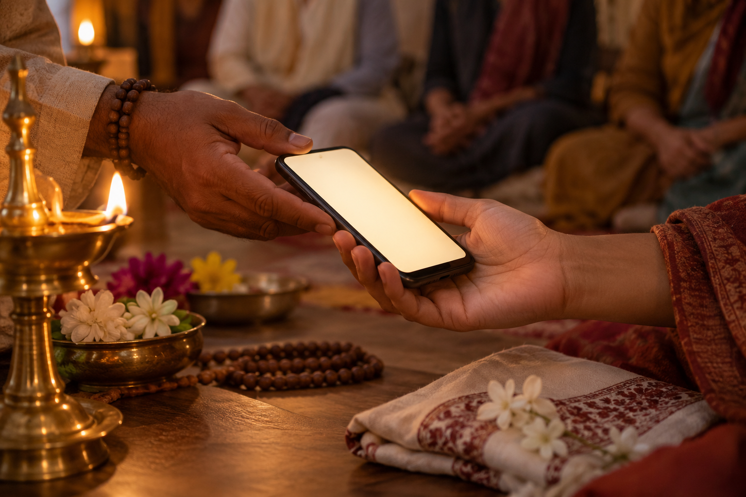 Two people carefully pass a smartphone beside an oil lamp, prayer beads, flowers, and a devotional cloth.