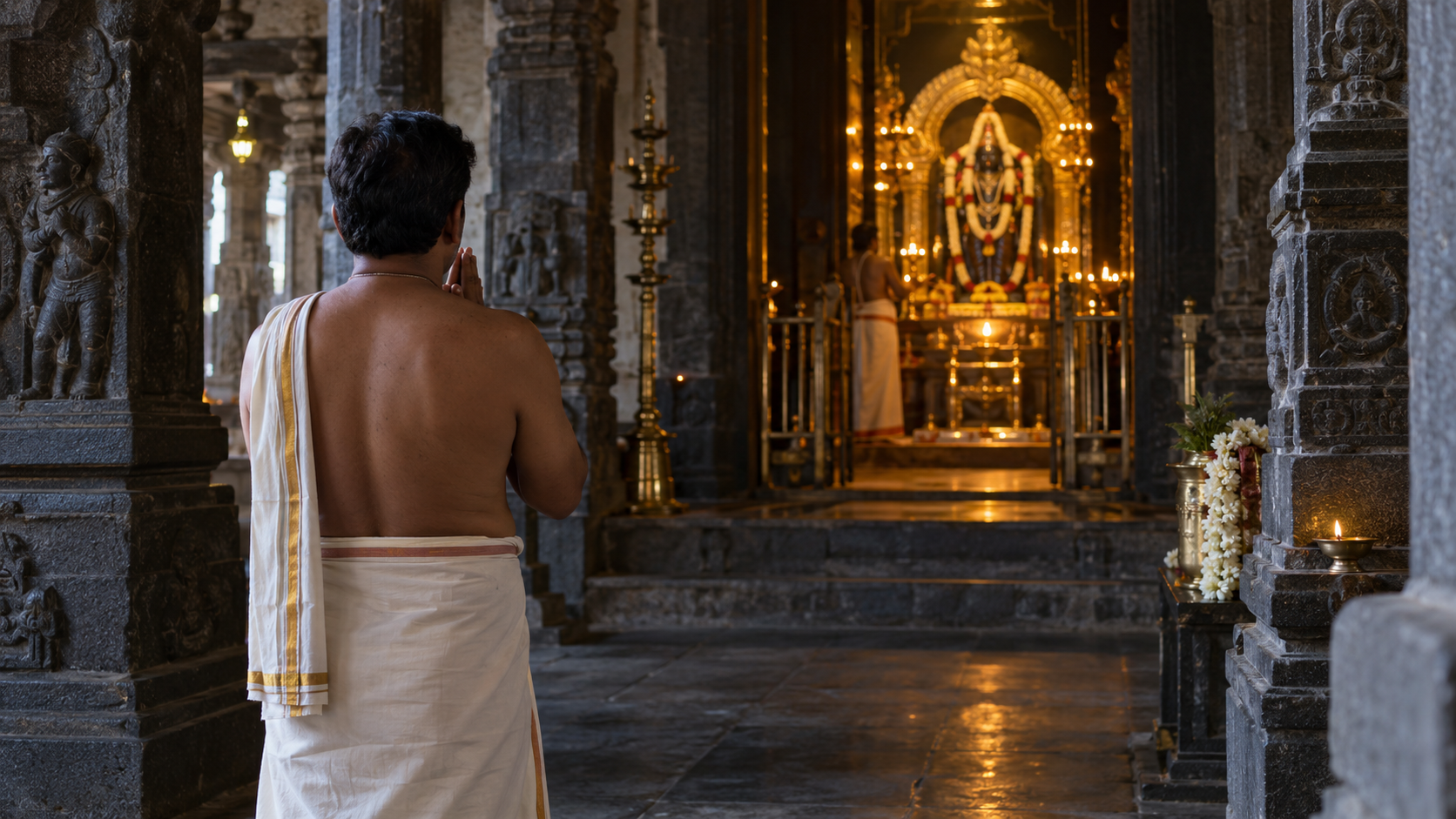 A devotee with folded hands faces the lamp-lit sanctum from within a stone-pillared temple hall.
