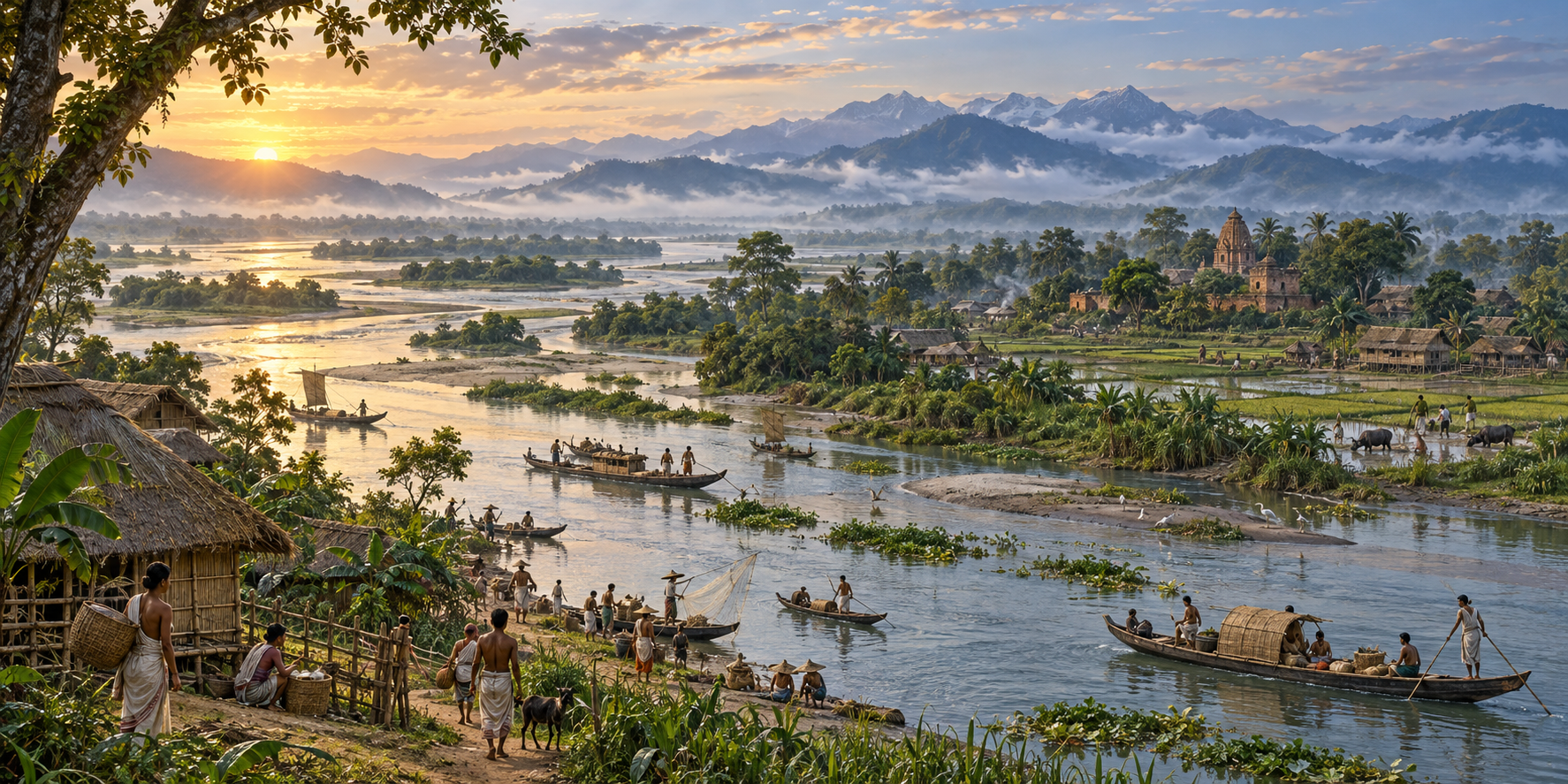 Reconstructed pre-Ahom Brahmaputra valley with river boats, wetlands, cultivated fields, village homes and a small sacred complex beneath forested hills.