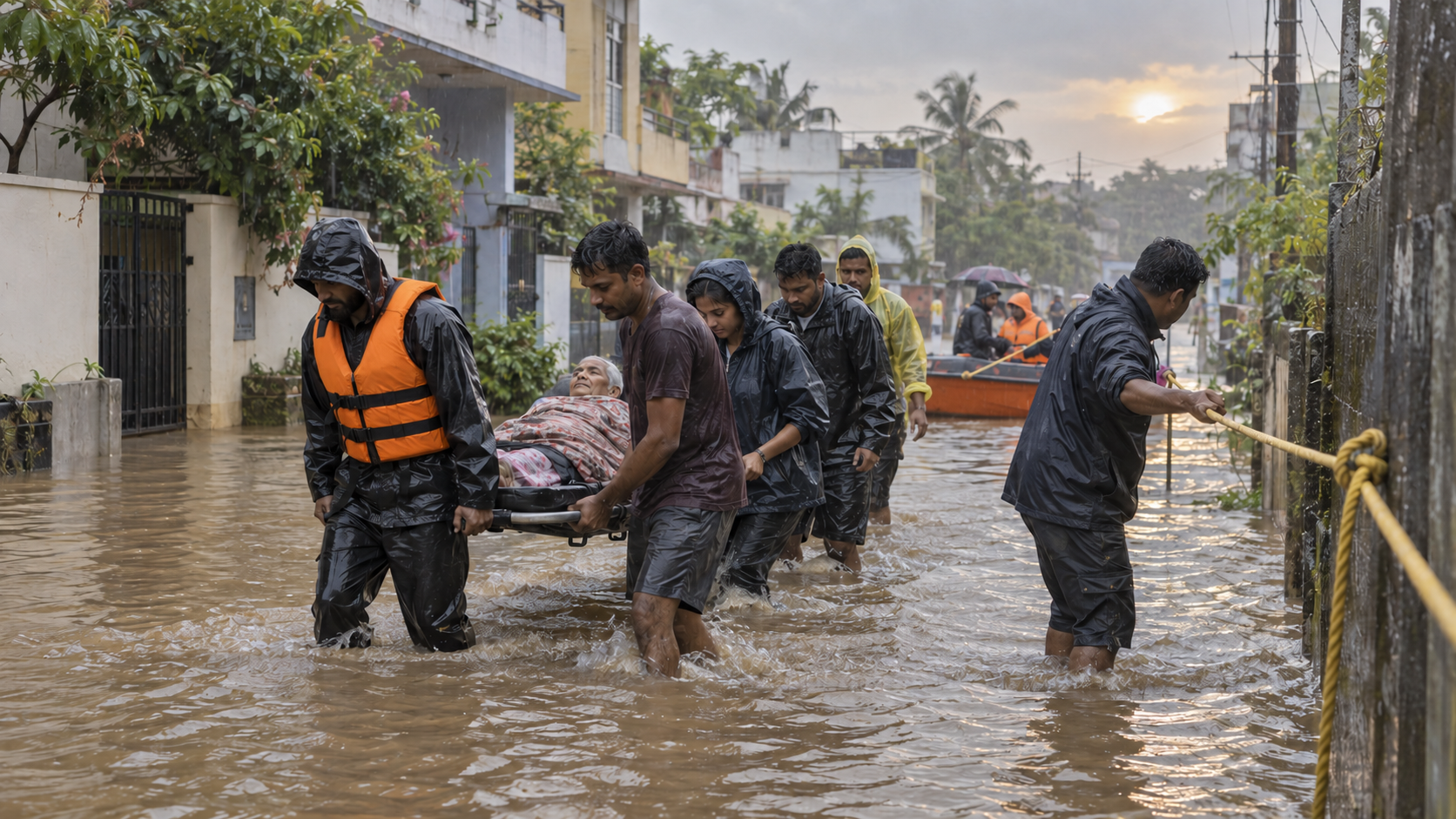 Emergency responders and local volunteers carry an older resident to safety through a flooded Indian neighborhood.