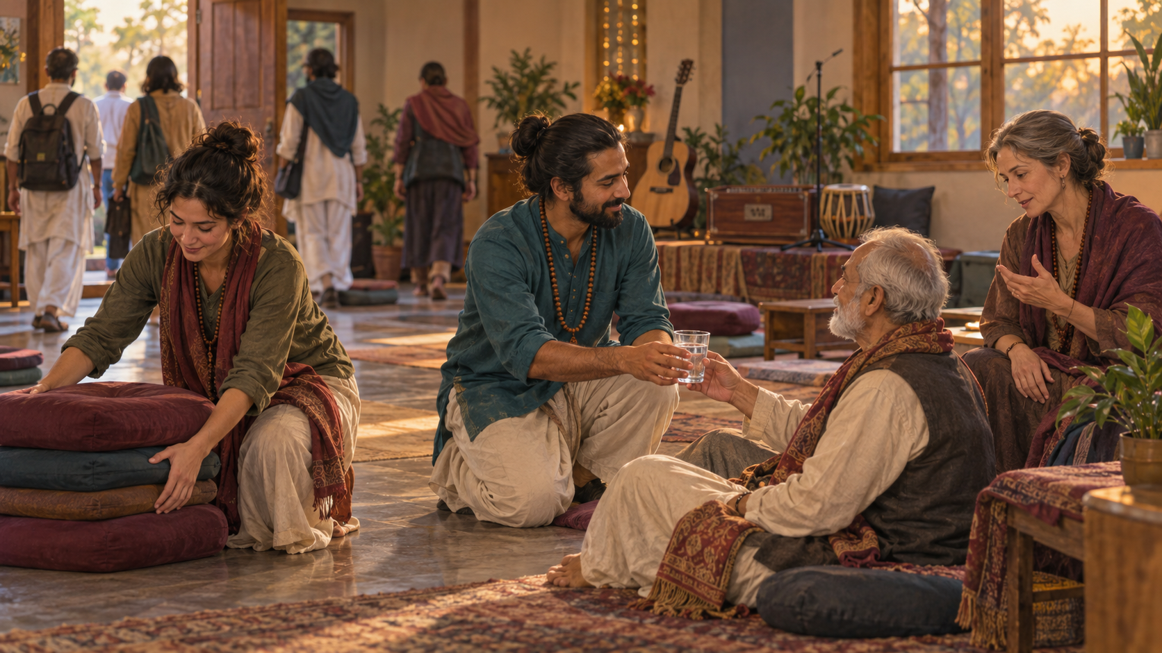 After a chanting gathering, a participant stacks cushions, offers water to an older attendee, and listens to another person's guidance.