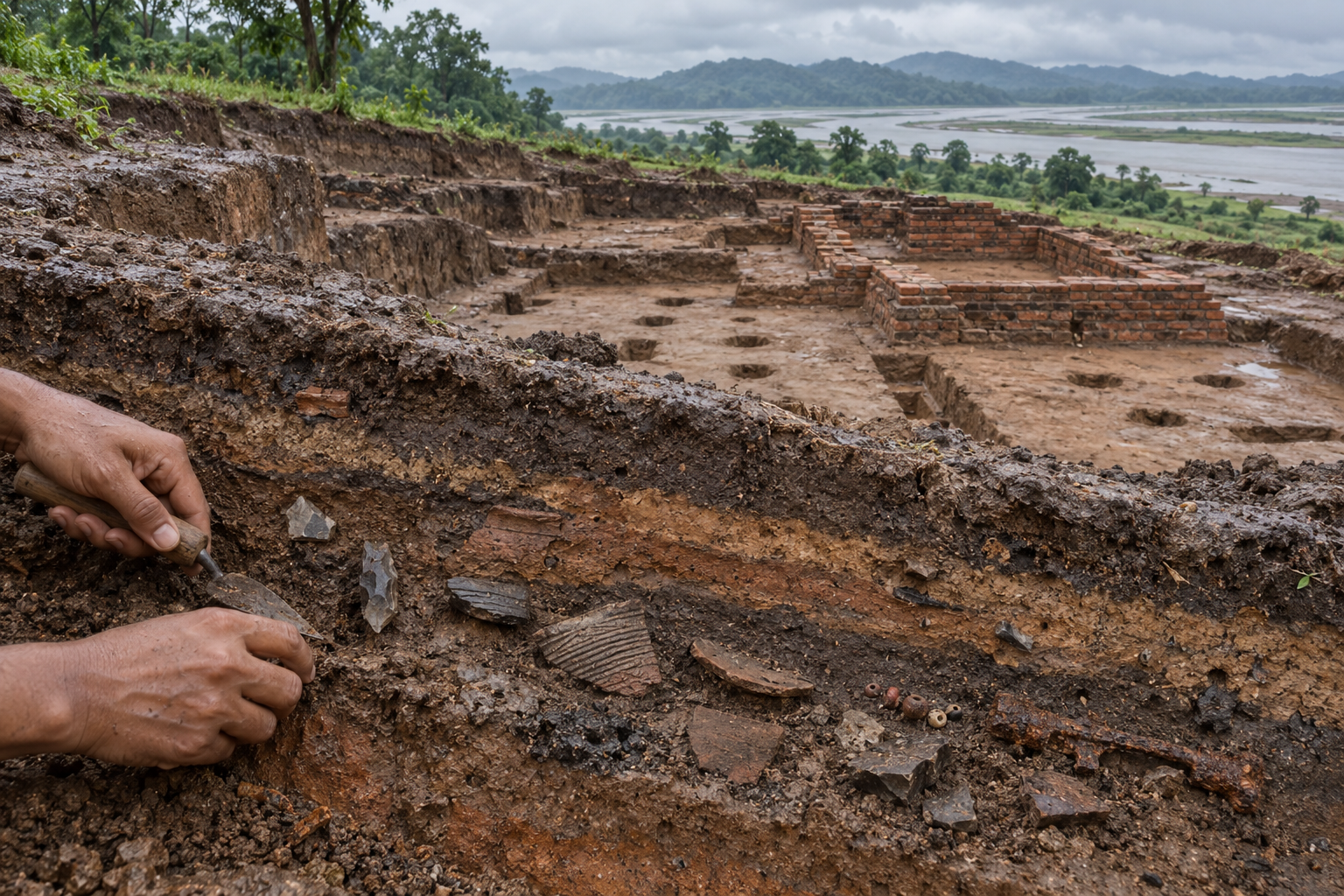 Archaeological excavation in Assam revealing pottery, tools, occupation floors and brick foundations in successive layers of an ancient settlement mound.