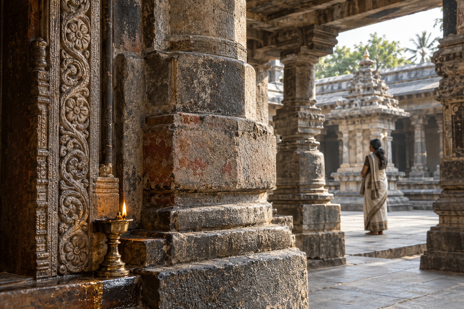 Side light reveals weathered stone pillars, carved architectural details, and a brass lamp inside the temple.