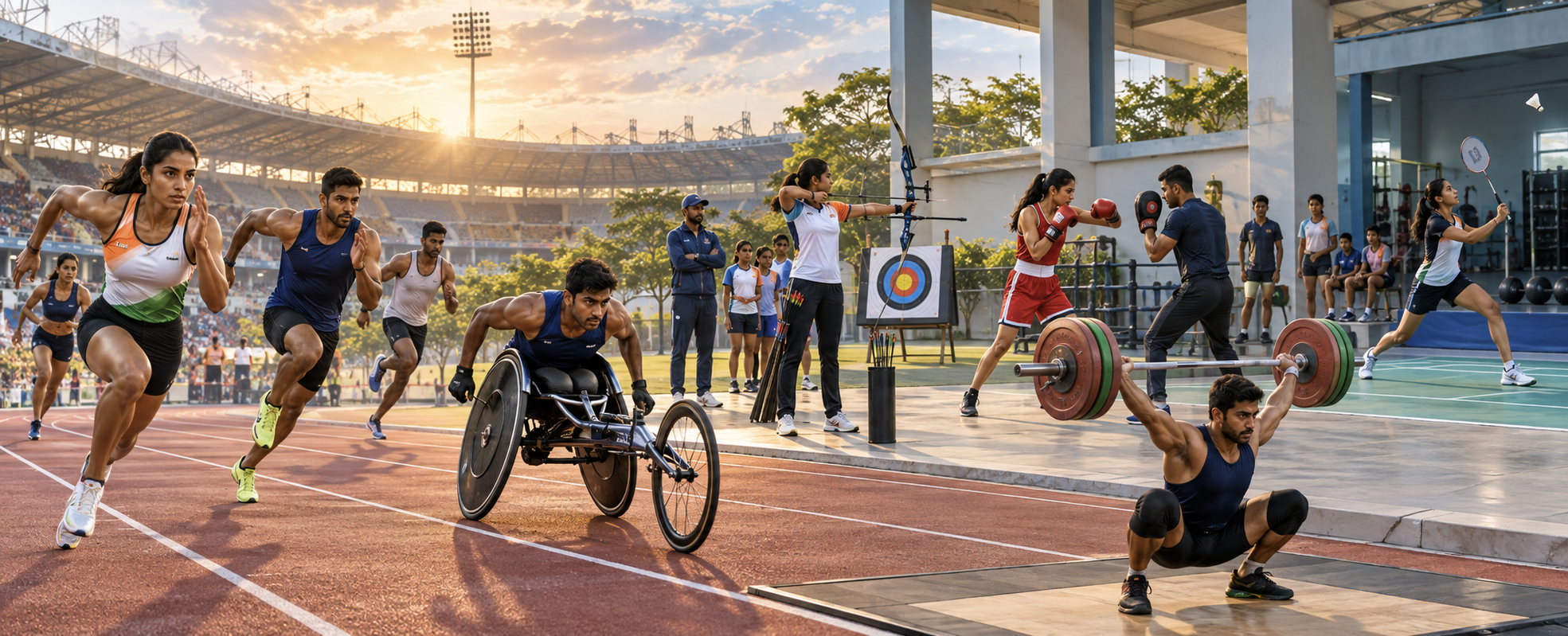 Athletes compete in running, archery, boxing, badminton, weightlifting, and wheelchair racing at a modern sports complex.