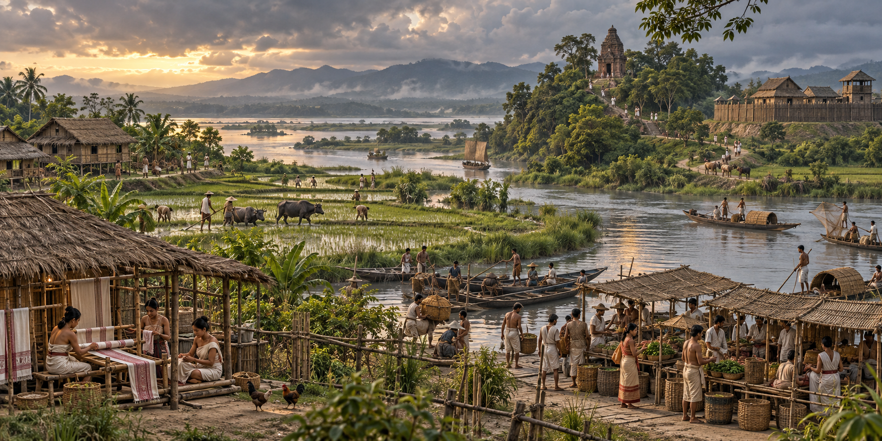 Early Brahmaputra valley communities farming, fishing, trading and visiting a sacred site within a connected riverine landscape.