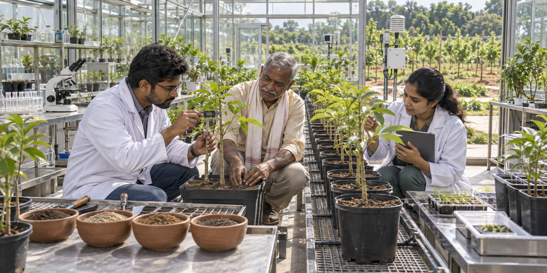 Plant researchers and an experienced horticultural practitioner measure saplings in a controlled greenhouse experiment.