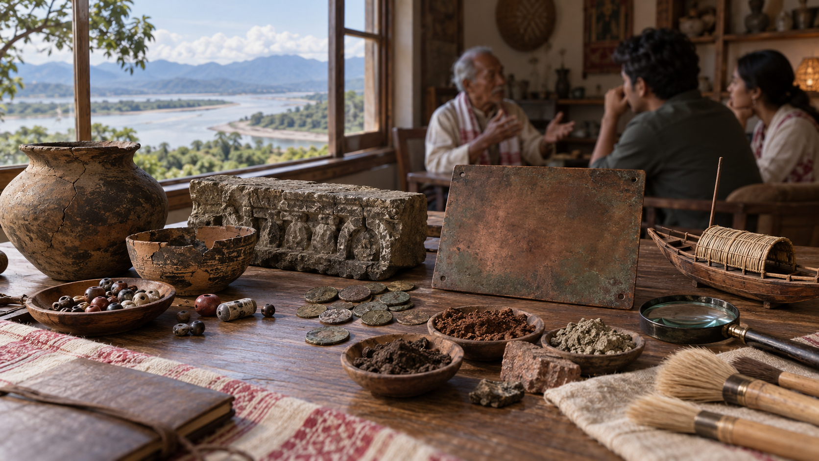Pottery, coins, a copper plate, a stone fragment and excavation tools on a research table, with an elder speaking to younger listeners in the background.