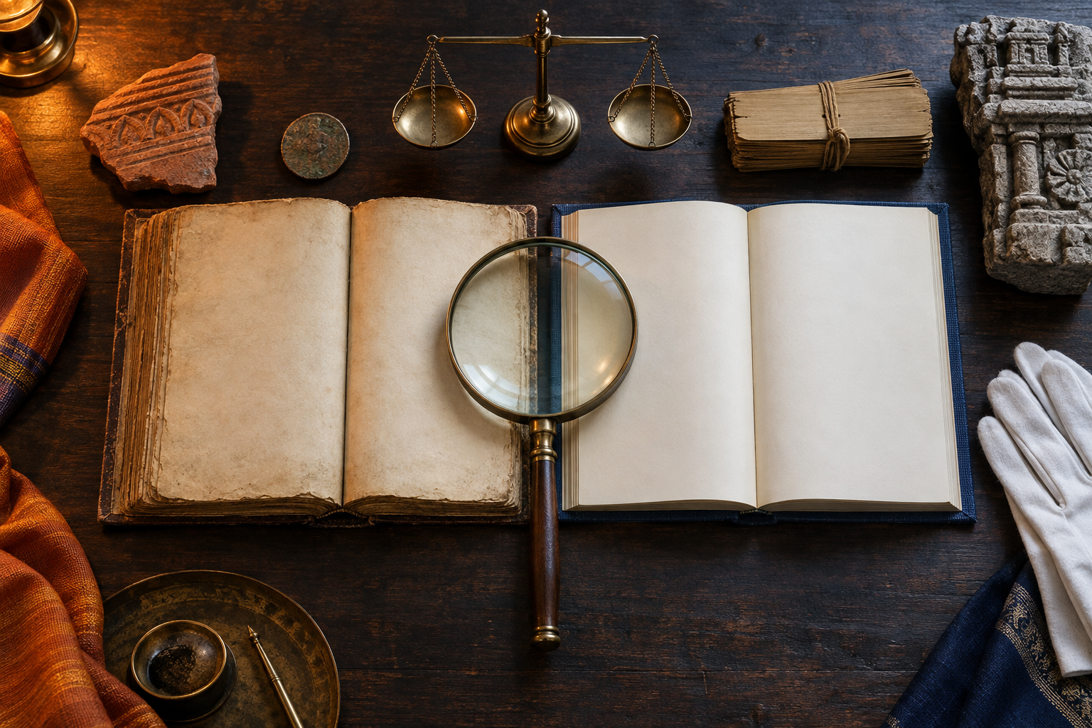Two text-free history books are examined with a magnifying glass beside archaeological objects and a balanced scale on a wooden table.