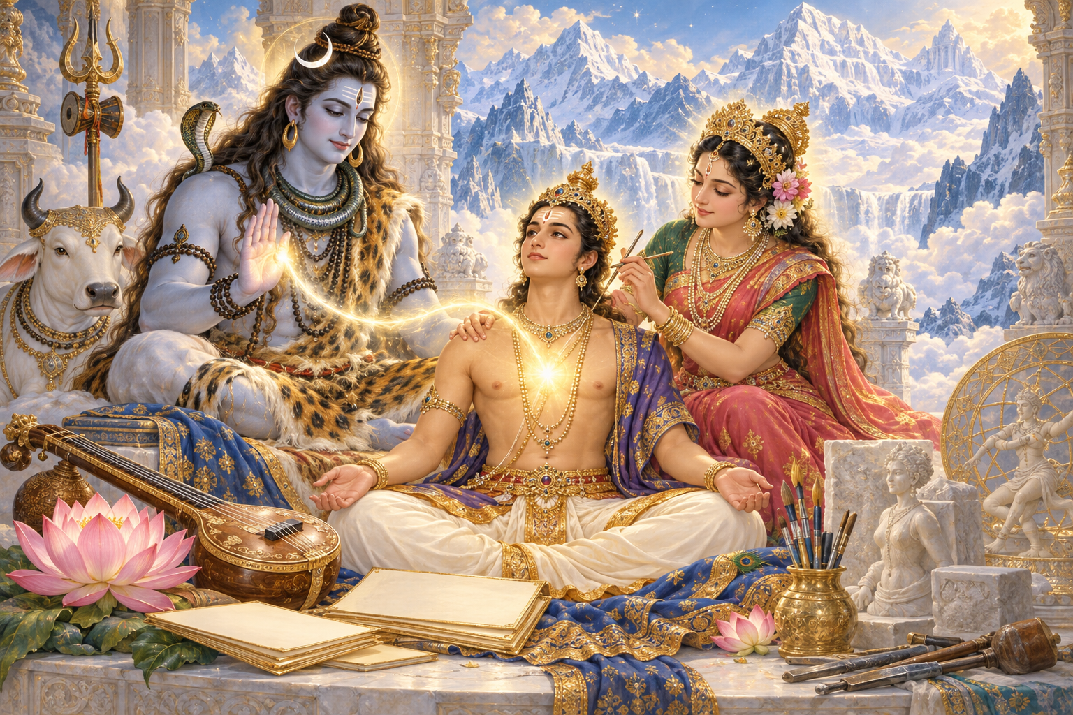 Parvati gives artistic form to Chitragupta as Shiva breathes life into him on Mount Kailasa.