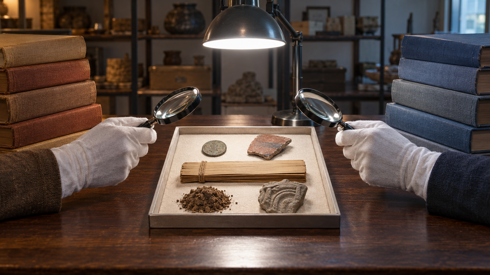 Two scholars use identical tools to examine historical objects between opposing stacks of plain books.