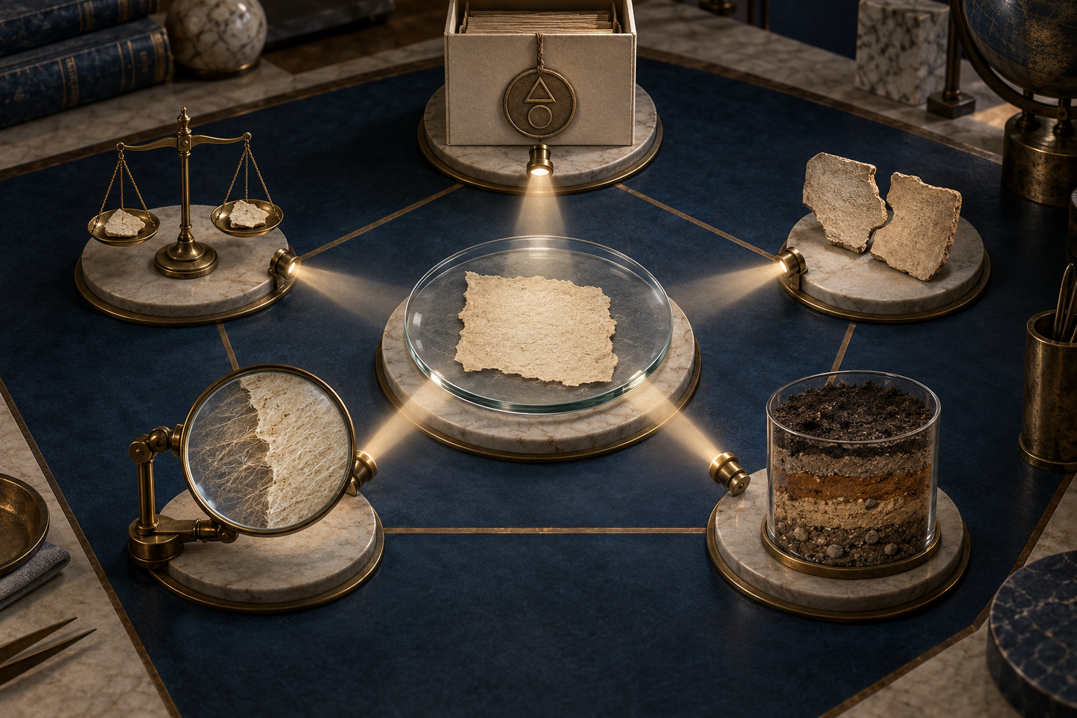Five evidence-checking stations surround a blank document fragment, including artifacts, a soil sample, a magnifying lens, and a balanced scale.