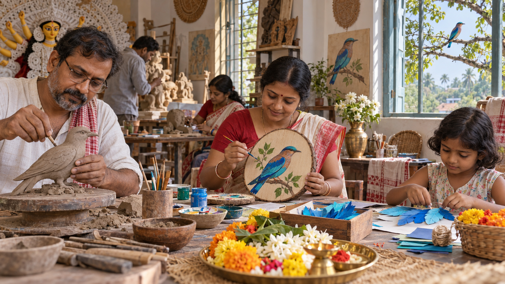 Bengali artisans and children make clay, wood, and paper representations of an Indian roller while a wild bird remains outside on a tree.