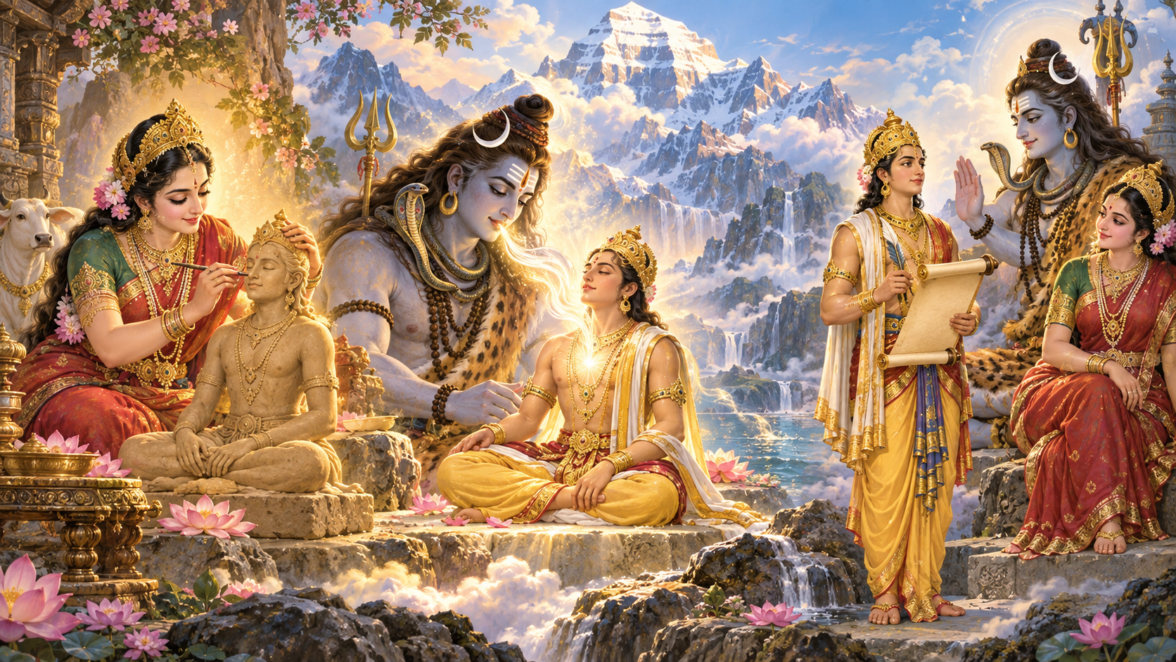 Three-part narrative scene showing Parvati forming Chitragupta, Shiva giving him life through divine breath, and Chitragupta awakening to his sacred responsibility.