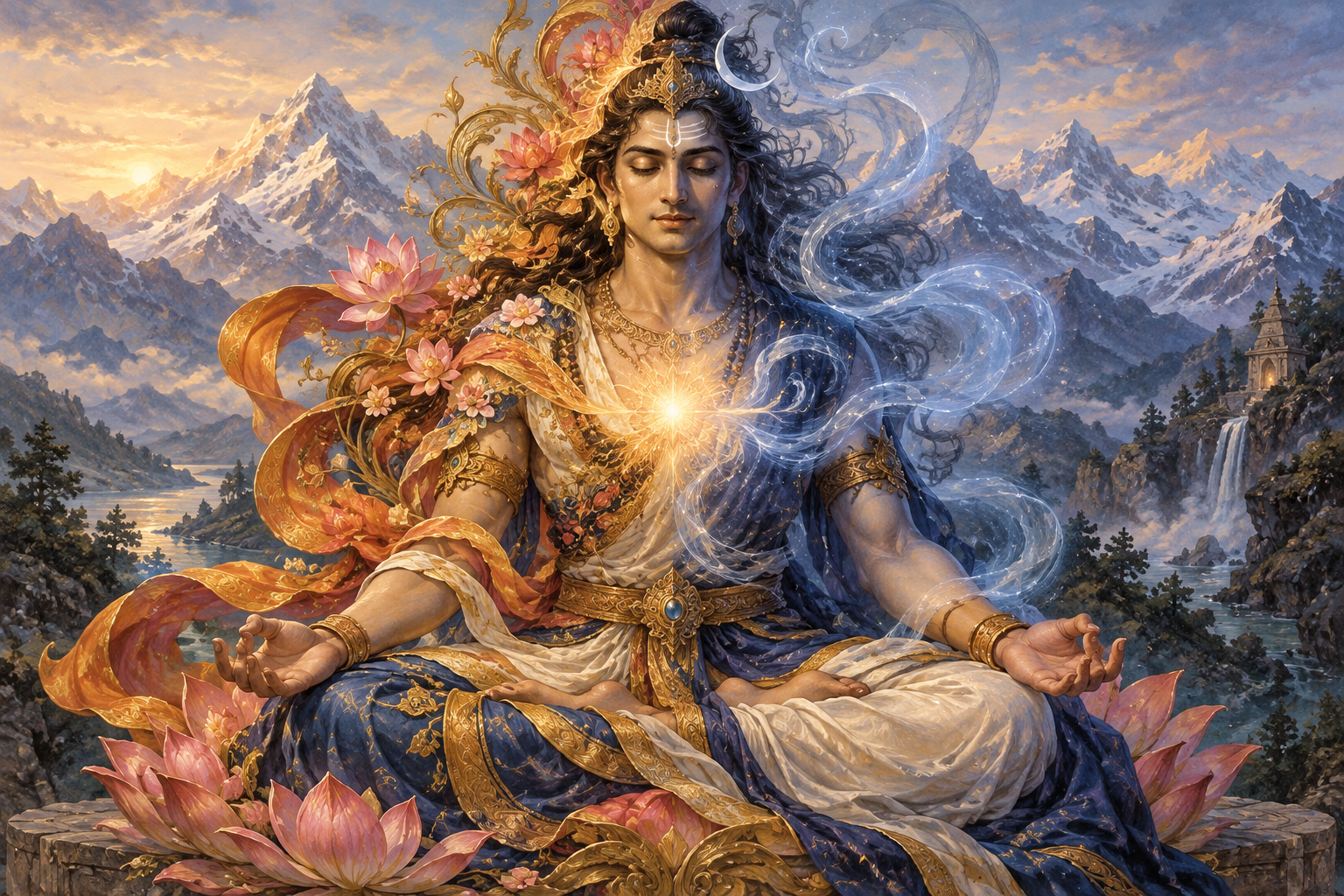 Chitragupta awakens as colorful forms of sacred art and a luminous current of divine breath meet at his heart.
