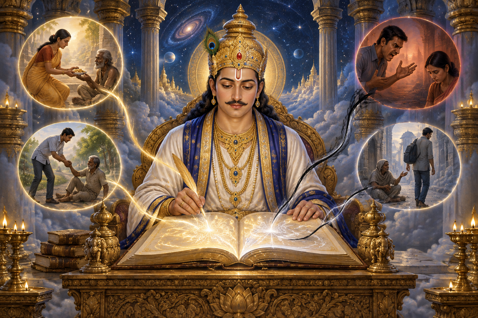 Chitragupta observes scenes of compassionate and harmful human choices as luminous traces gather in an open karmic record.