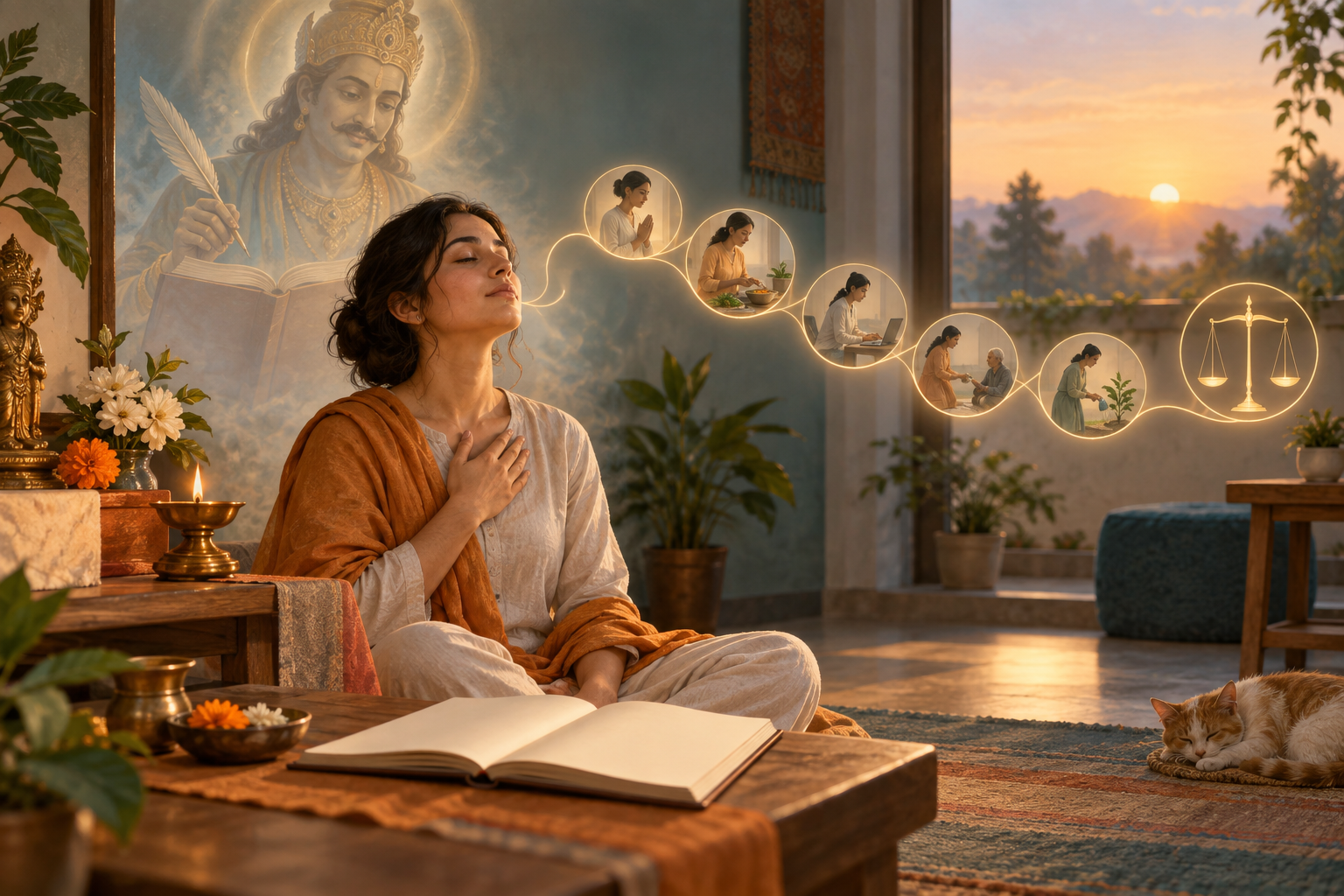 A person reflects quietly at dawn while symbolic light connects creativity, breath, daily actions, and the witnessing presence of Chitragupta.