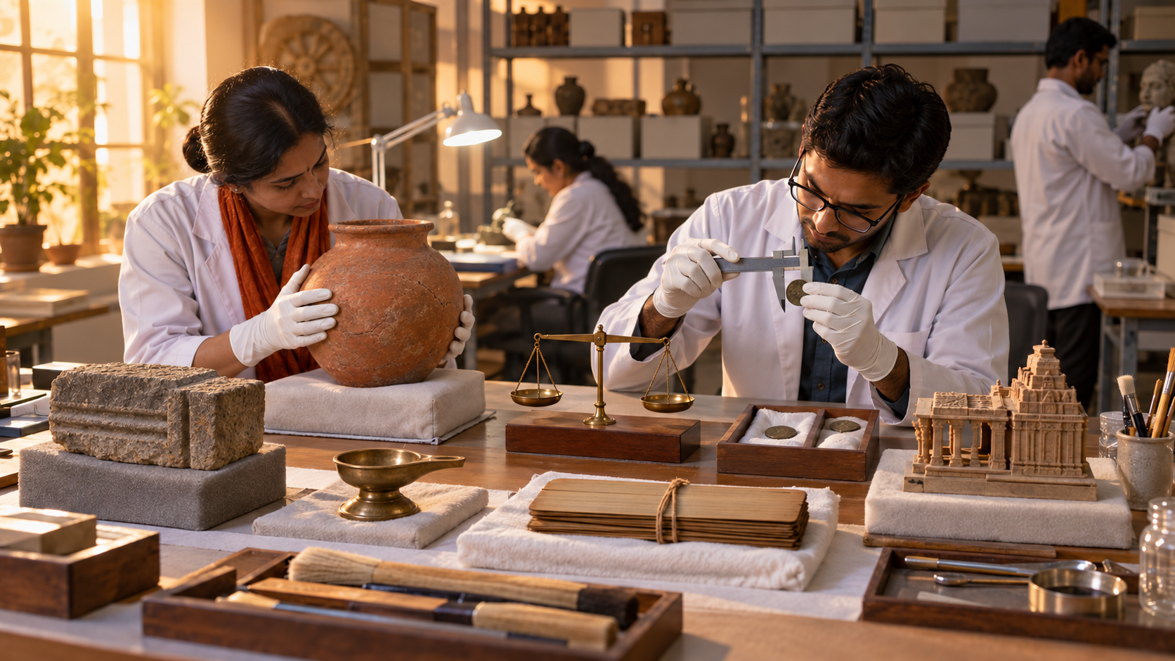 Museum researchers preserve and measure historical Indian objects under warm ambient light and a white task lamp.