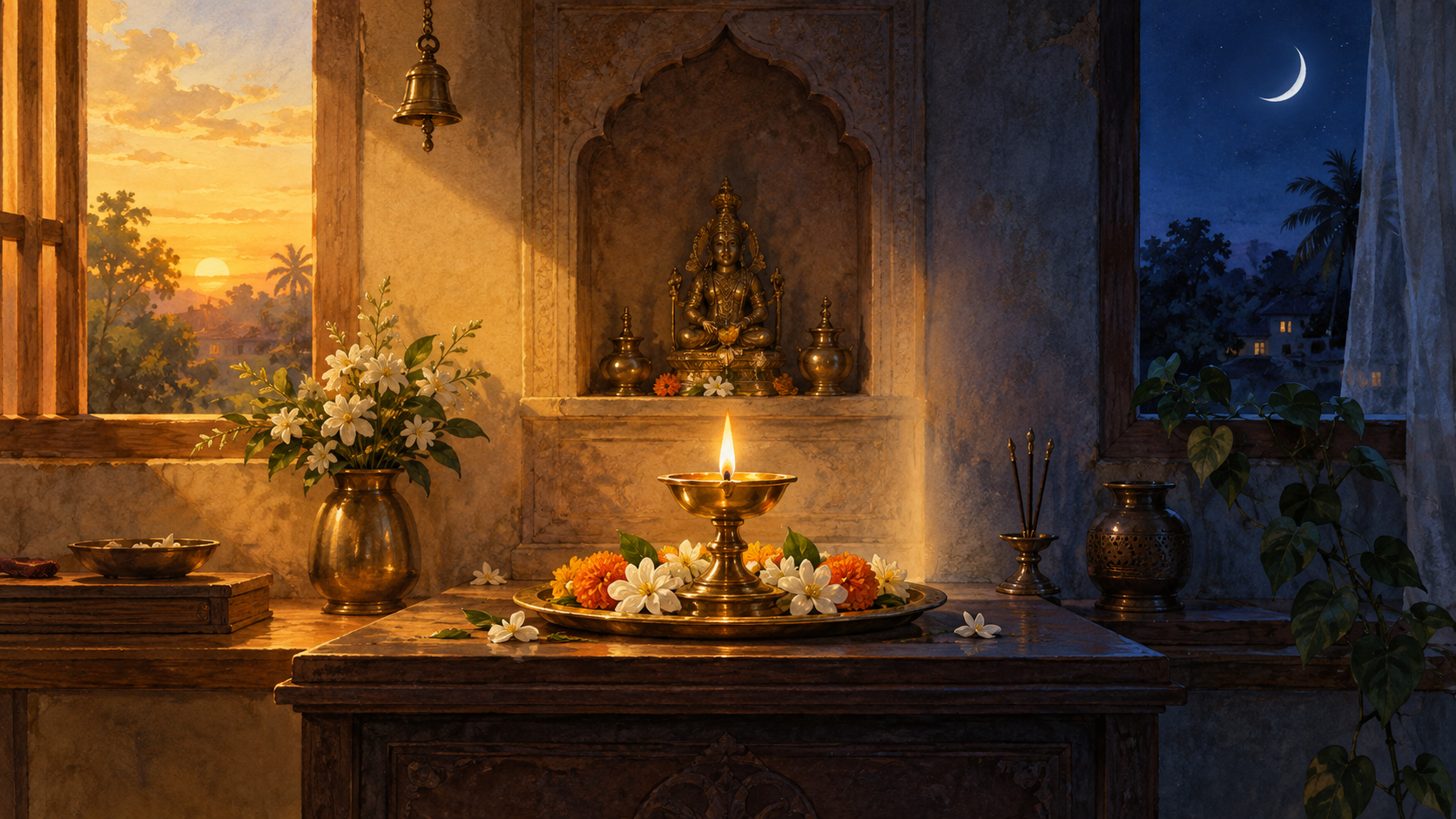 A home shrine shown across a visual transition from golden late-afternoon light to blue evening lamplight.