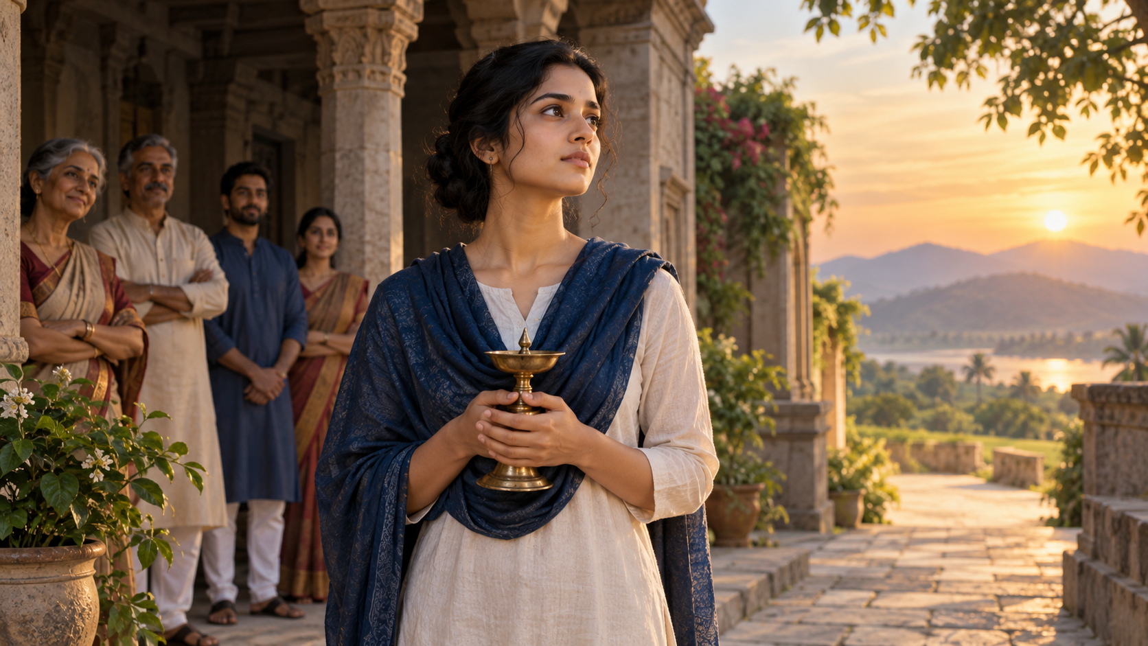 A young Indian adult pauses in a dawn-lit courtyard between a waiting group of people and an open sunlit path.