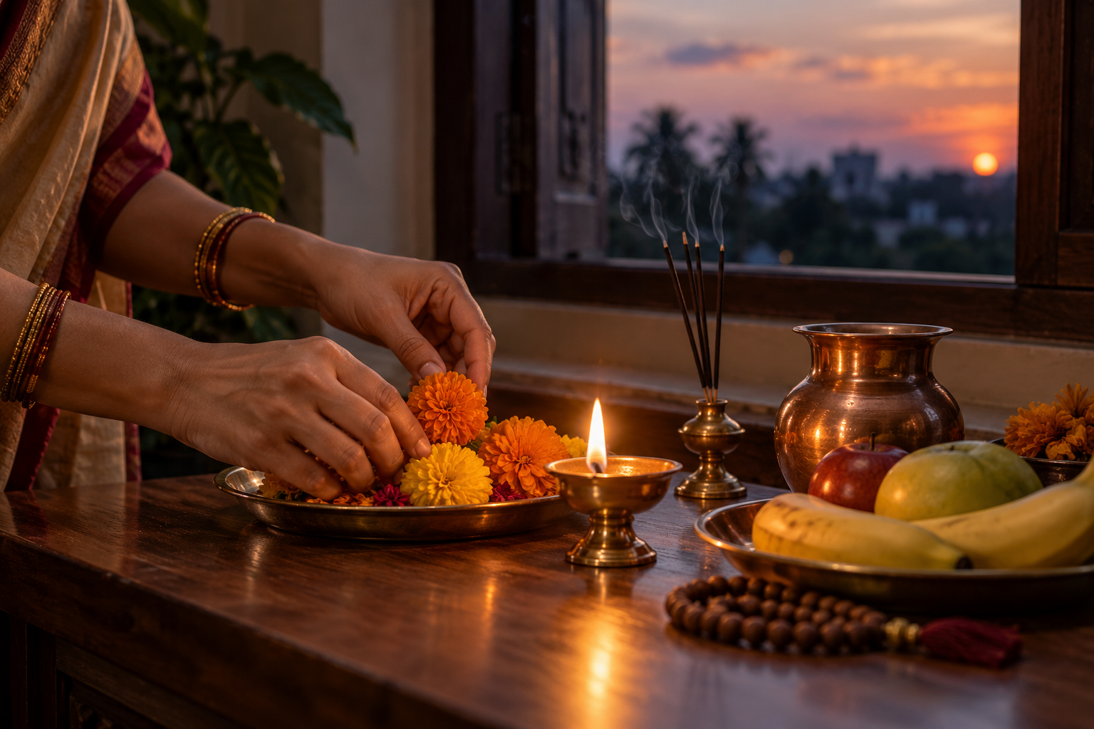 A person's hands arrange flowers, a brass lamp, fruit, prayer beads, and a copper vessel for an evening observance.