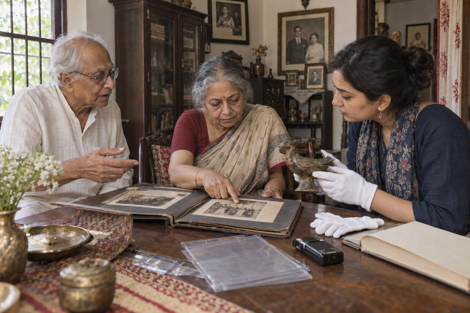 A researcher records an older family member's account while examining photographs and a bird-shaped ritual object in a Bengali home.