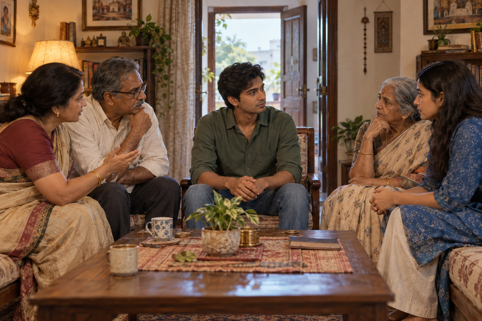 A young Indian adult listens as parents and elders offer serious advice during a family discussion.