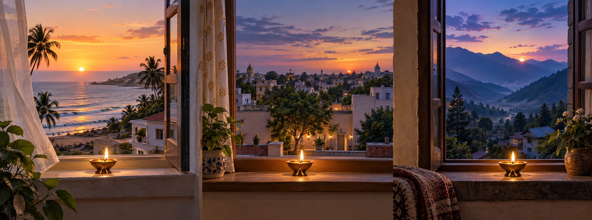 Three homes in coastal, inland, and mountain settings each display a brass lamp beneath a different twilight sky.