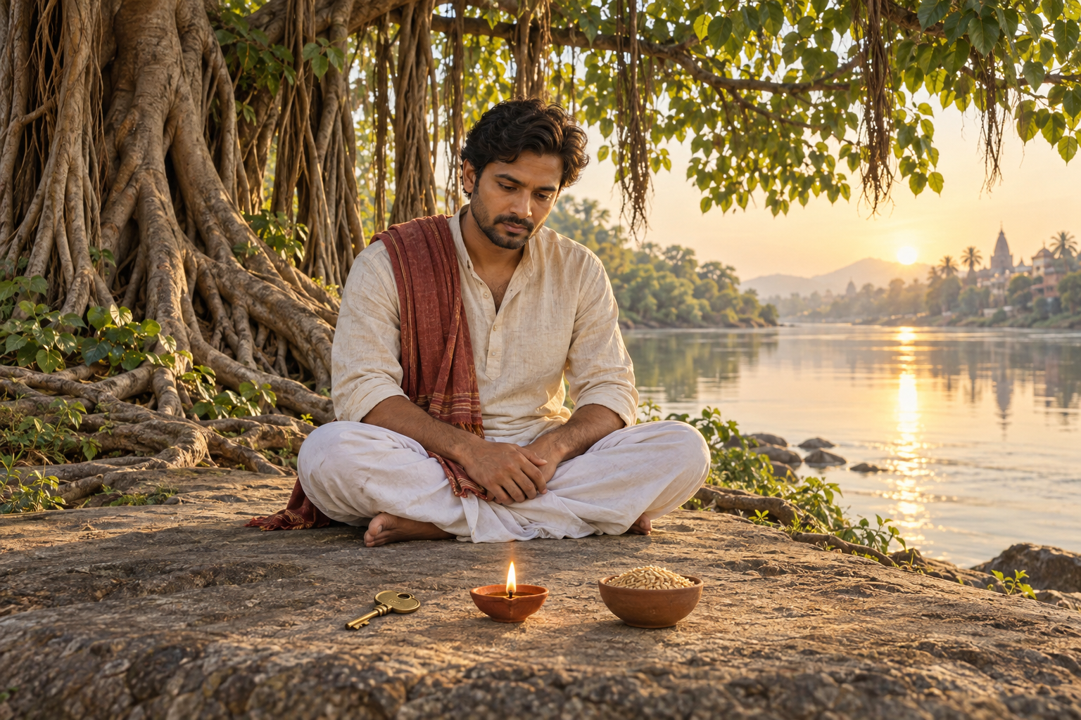 An Indian adult reflects beneath a banyan tree beside a key, an oil lamp, and a bowl of grain.