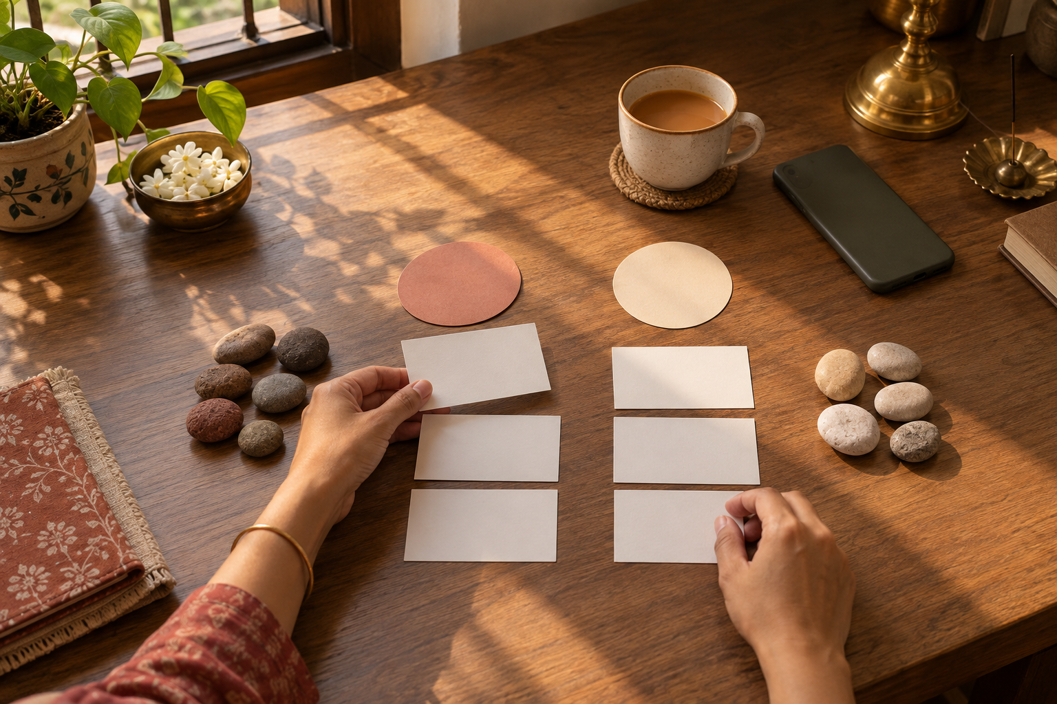 Hands arrange blank cards and small stones on a sunlit desk beside a closed phone, a lamp, and a cup of tea.