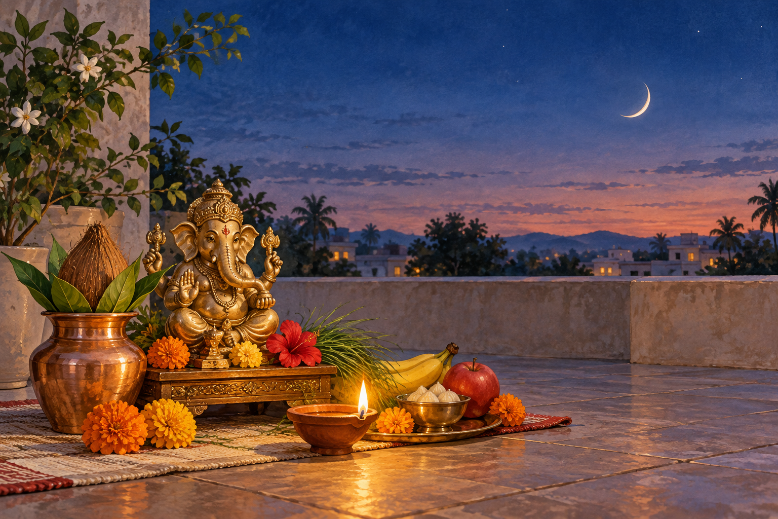 A waxing crescent above a twilight terrace with a brass Ganesha murti, diya, marigolds, durva grass, fruit, and a copper vessel.